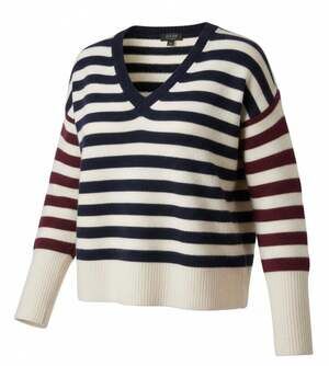 J.Crew Women’s S 100% Cashmere Striped V Neck Sweater Navy Burgundy Ivory